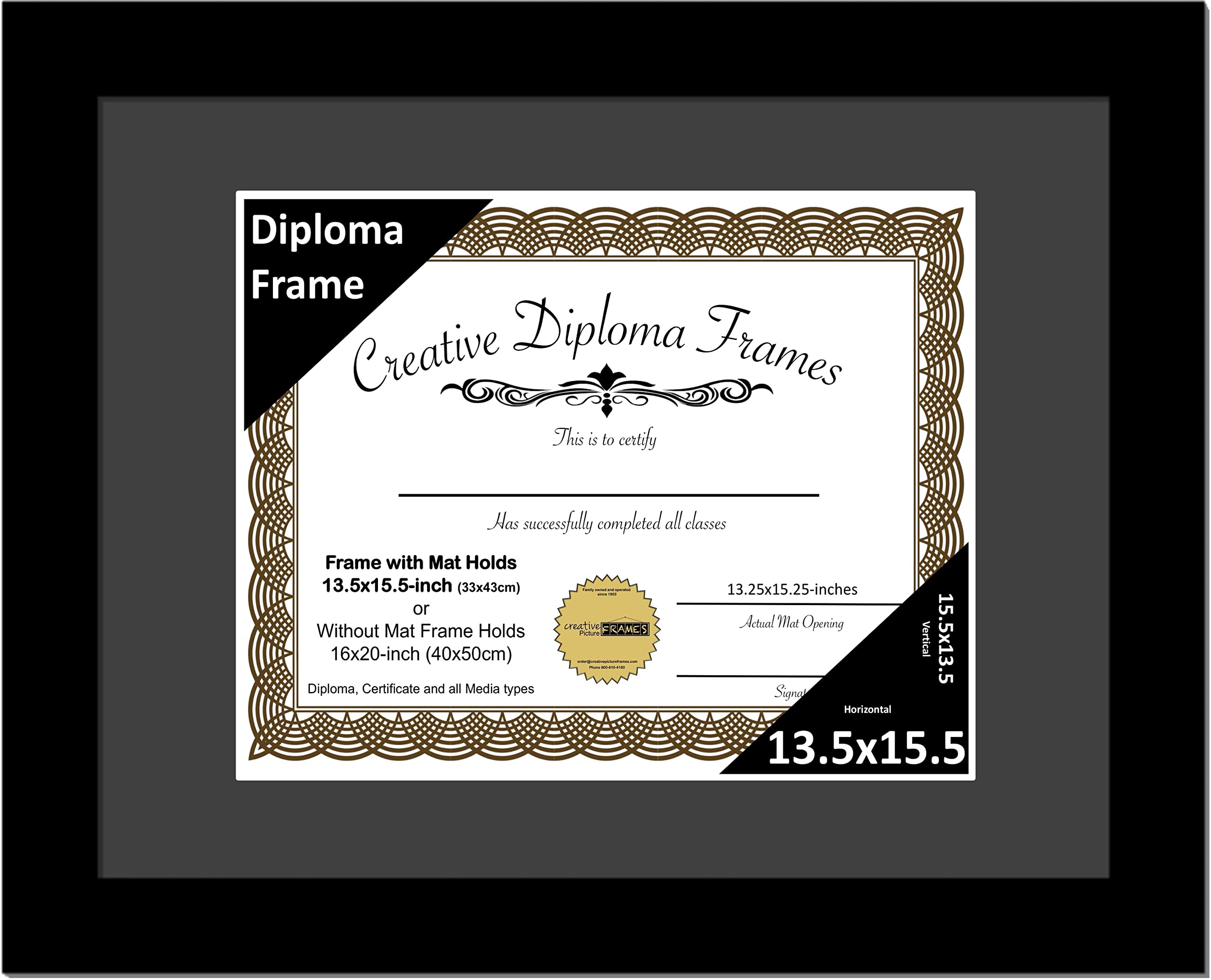 Creative Picture Frames 13.5x15.5 Classic Black Diploma Frame with Black Mat Glass Easel and Installed Wall Hangers | Frame Hold