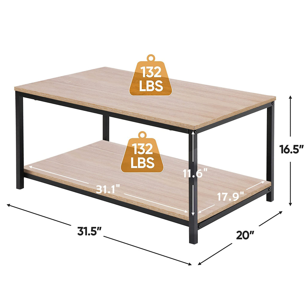Super Deal 2-Tier Industrial Coffee Table With Storage Shelf For Small Apartment Living Room, Rectangle Wood And Stable Metal Tv Stand Side End Table, Natural Oak