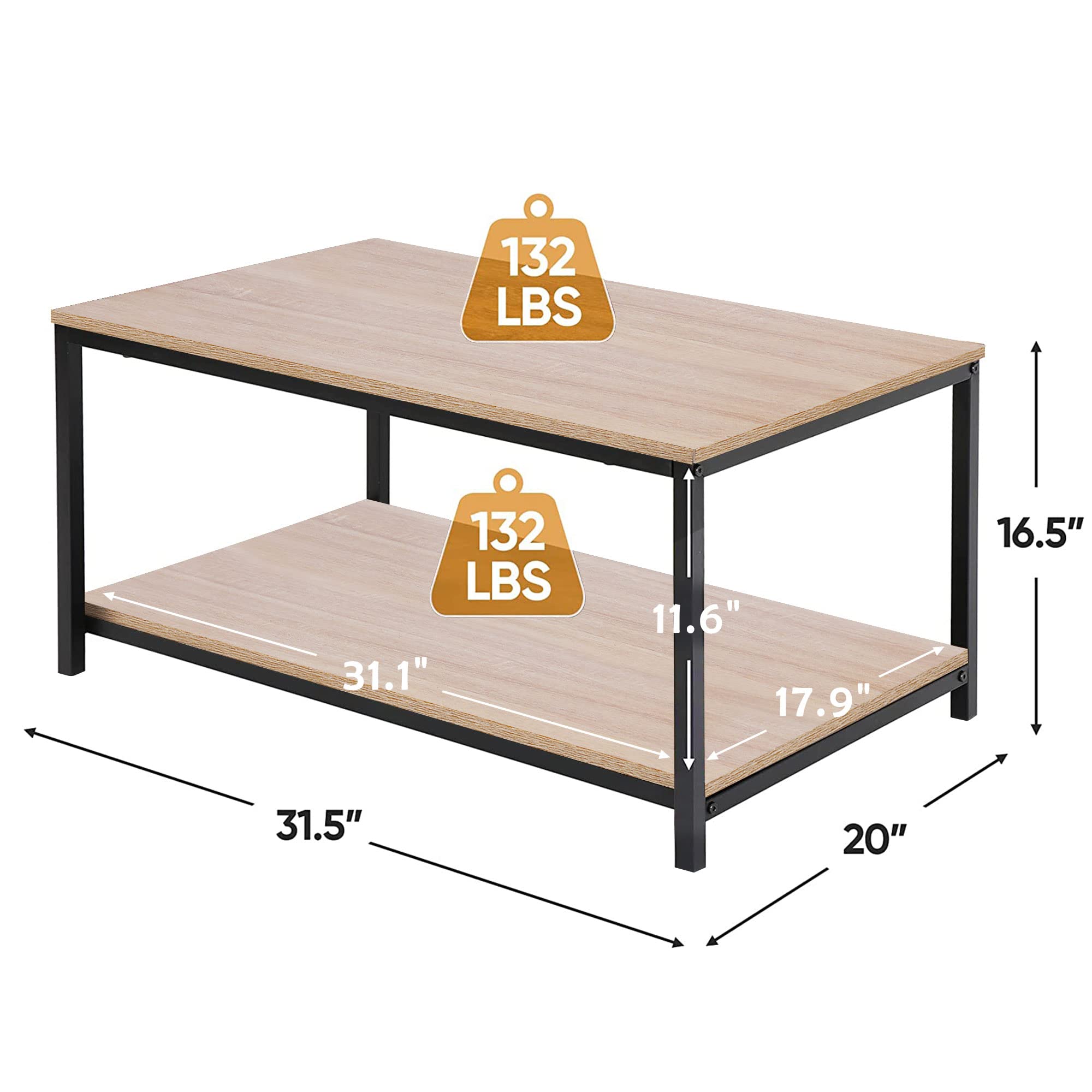 Super Deal 2-Tier Industrial Coffee Table With Storage Shelf For Small Apartment Living Room, Rectangle Wood And Stable Metal Tv Stand Side End Table, Natural Oak