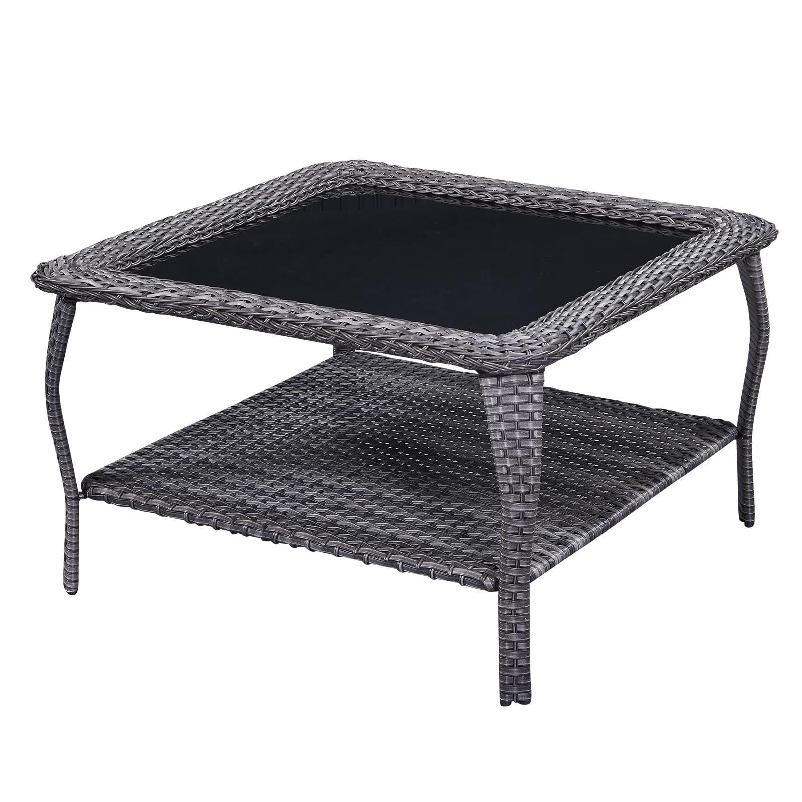 Rilyson Patio Tables Outdoor Coffee Table - Wicker Rattan Coffee Tables With 2-Tier Storage Shelf Glass Top For Proch Deck Balco