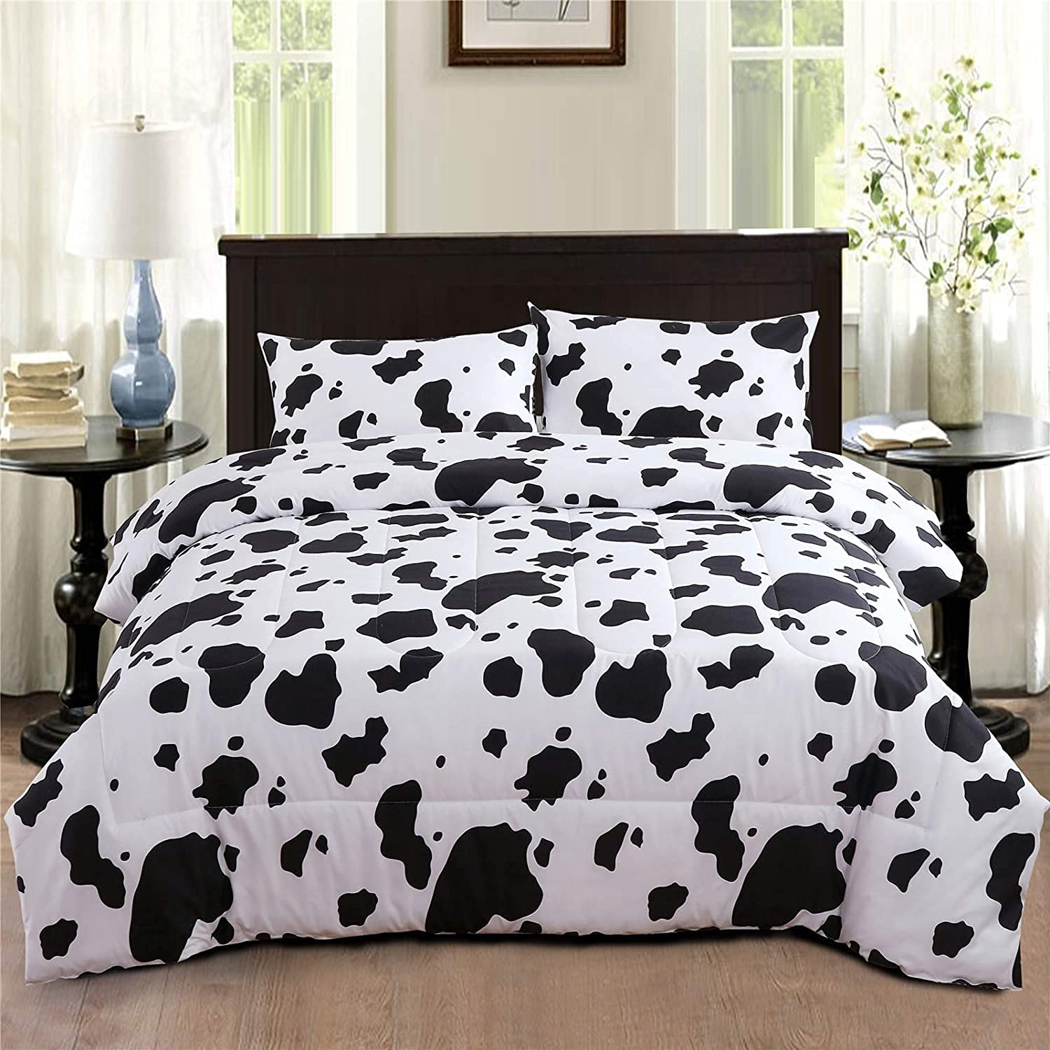 Perfemet 3Pcs Cow Print Comforter Set King Size Black And White Cute Geometric Cow Bedding Set Soft Reversible Plaid Grid Bed Qu