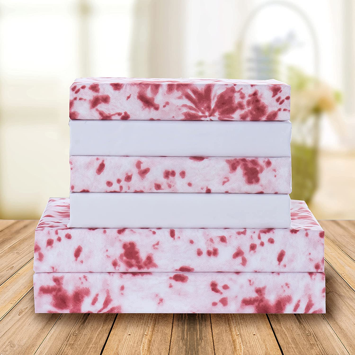 Elegant Comfort Aria Tie-Dye 4-Piece Sheet Set, 1500 Premium Hotel Quality Microfiber, Spiral Tie-Dye, Soft, Fade And Wrinkle Resistant, Fitted Sheet With Smart Pockets, 4Pc Tie-Dye Twin Xl, Burgundy