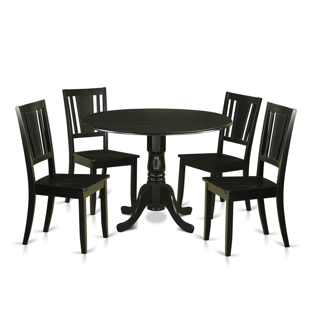 East West Furniture DLDU5-BLK-W 5 Piece Dining Table Set for 4 Includes a Round Kitchen Table with Dropleaf and 4 Dinette Chairs, 42x42 Inch, Black