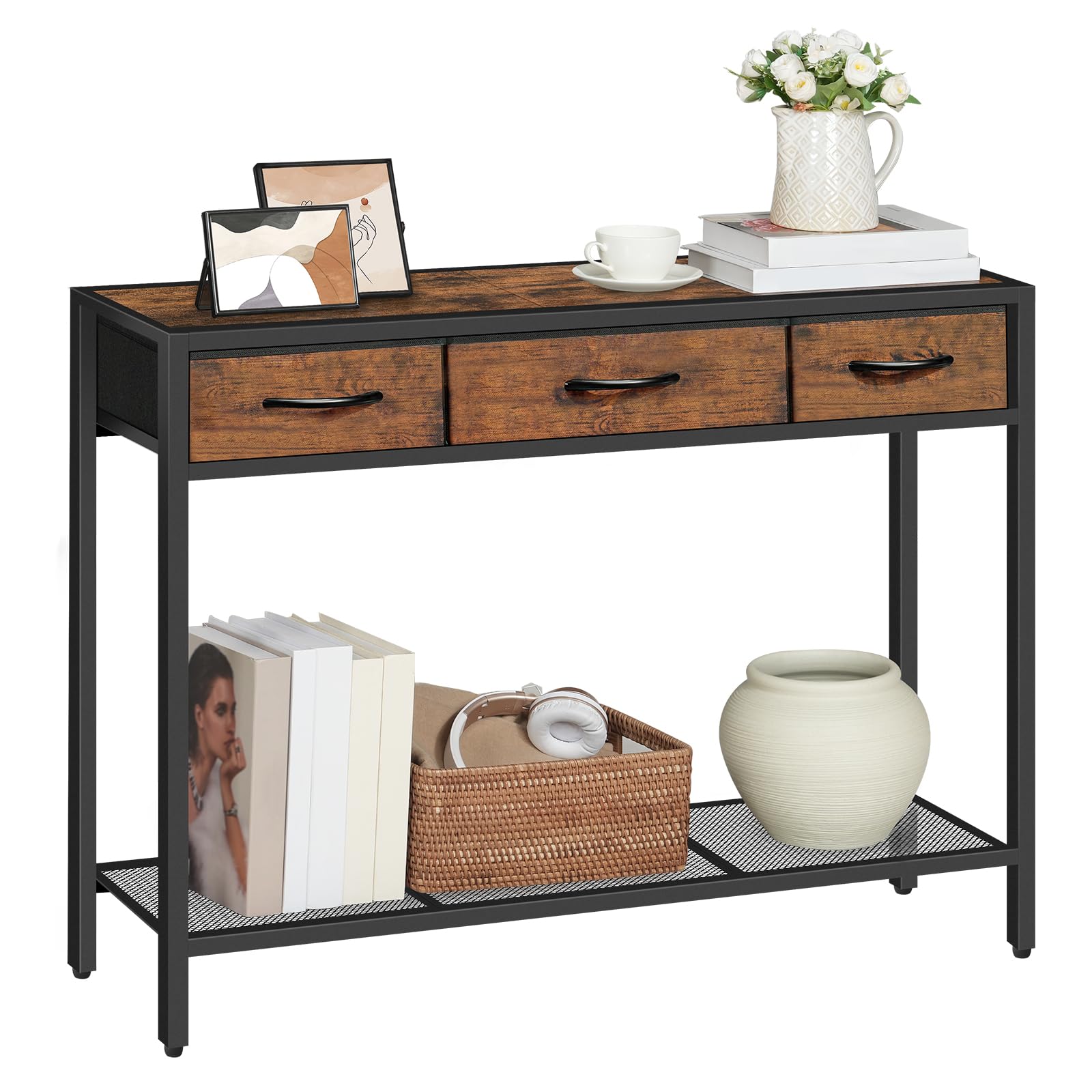 MAHANCRIS Console Table with 3 Fabric Drawers, Industrial Entryway Table with Storage, Narrow Sofa Table for Living Room, Entran