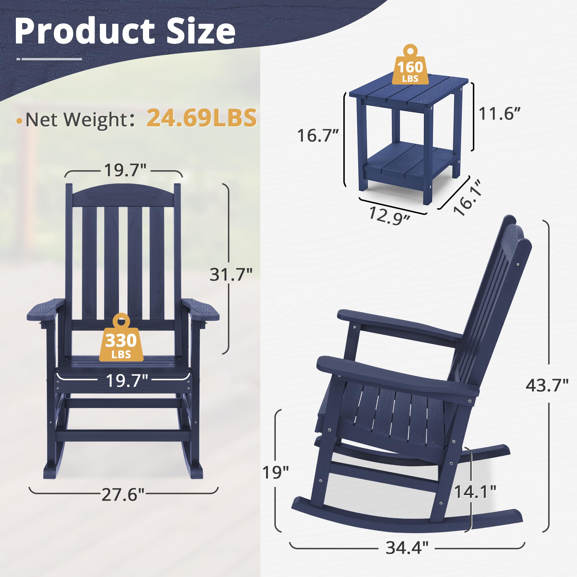 Lue Bona Outdoor Rocking Chair, Hdps Poly Rocking Chair, All Weather Resistant Plastic Outdoor Indoor Porch Rocker, Heavy Duty Rocking Chair For Patio, Lawn, Garden, 300Lbs, Midnight Blue