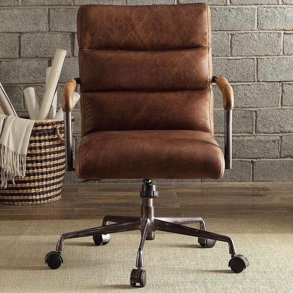 Acme Furniture Harith Leather Upholstered Swivel Office Chair in Retro Brown
