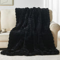 Lotus Karen Queen Size Faux Fur Blanket Black - Big Bubble Rabbit Fluff Blanket For Bed, Large Fluffy Fuzzy Cozy Blanket, Thick