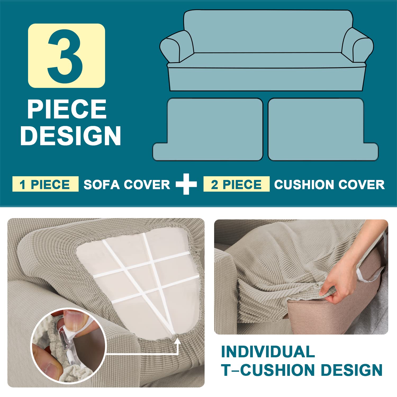 Turquoize 3 Piece T Cushion Sofa Slipcovers Sofa Cover For T Cushion Sofa Couches Stretch Couch Cover Furniture Covers With 2 Individual T Cushion Covers, Washable (2 Cushion Sofa, Island Fossi)