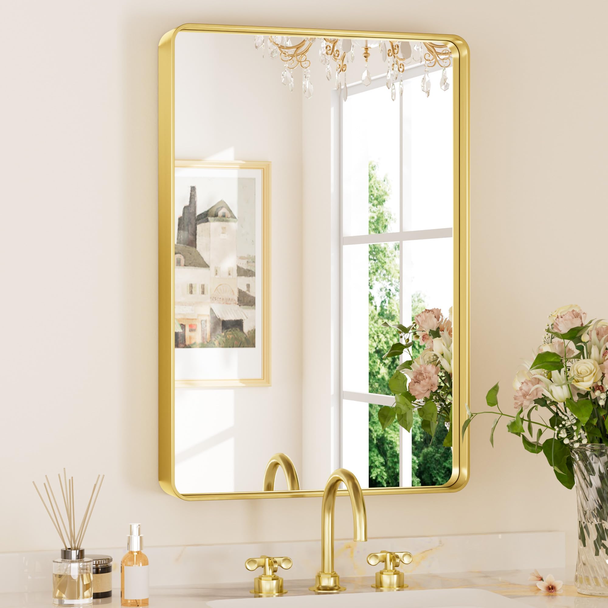 Keonjinn Gold Bathroom Mirrors for Wall 20 x 30 Inch Rounded Rectangle Gold Vanity Mirror, Brushed Brass Mirror with Metal Frame