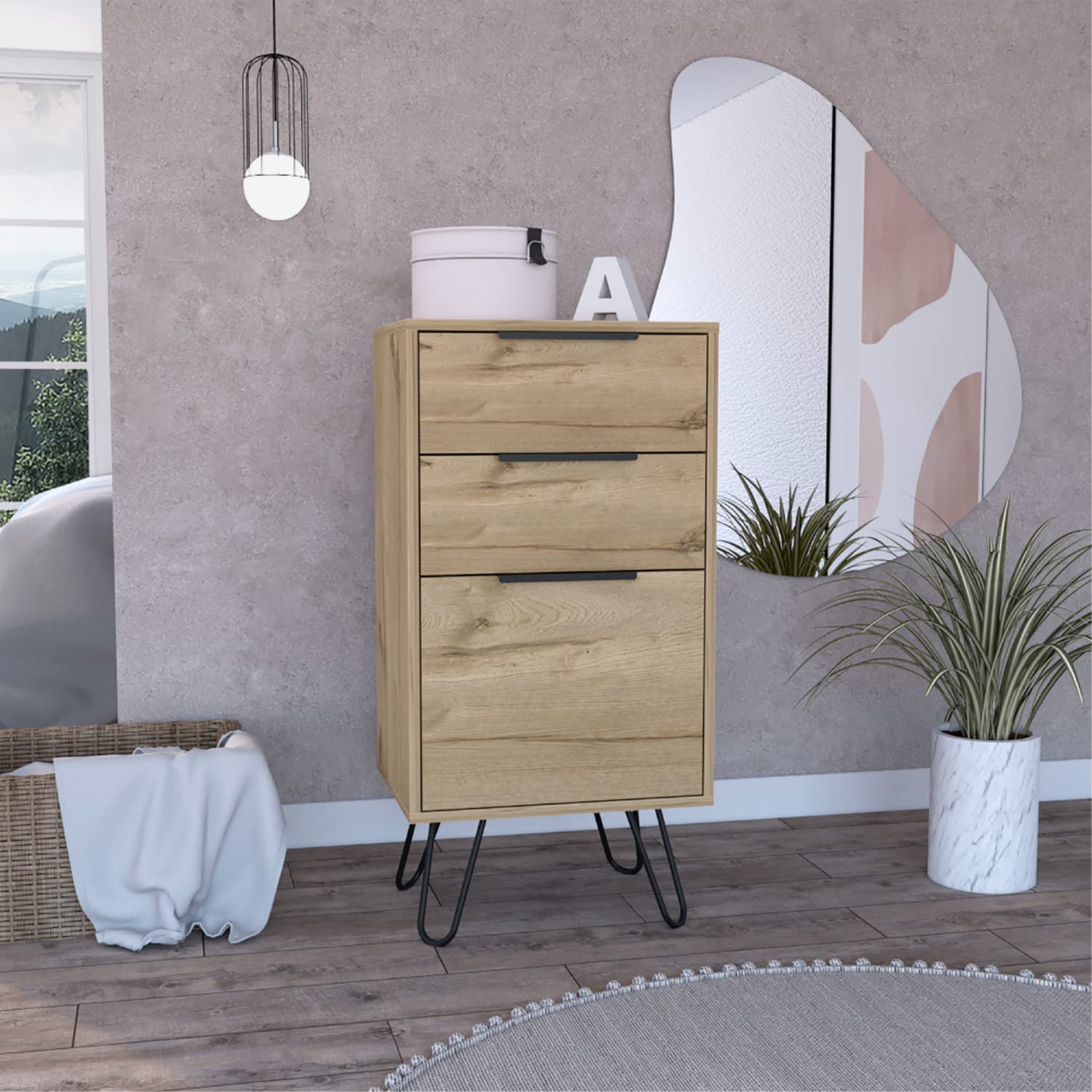 Light Dresser 35&Quot; H, 17&Quot; W, Superior Top,3 Drawers, Hairpin Legs, Light Oak