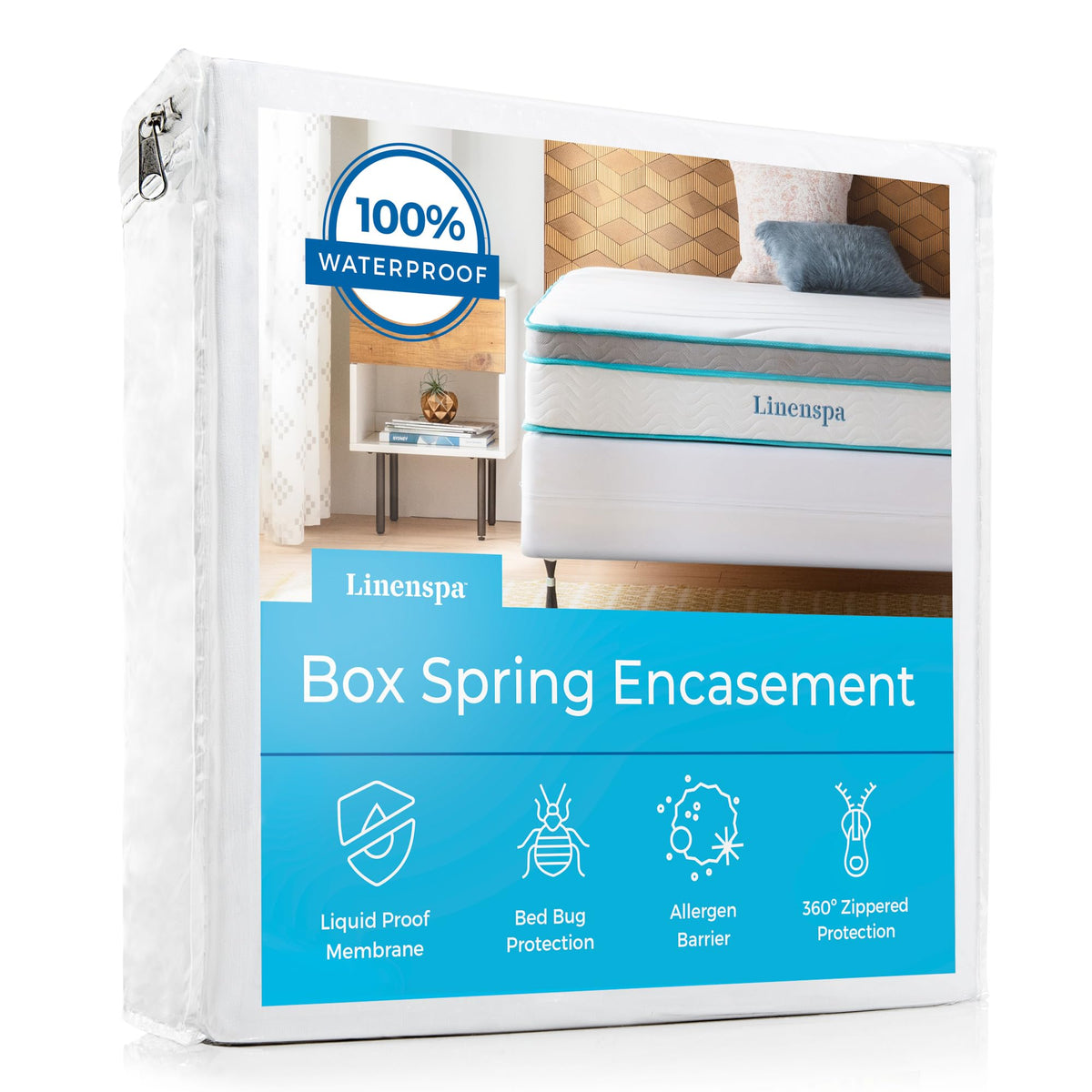 Linenspa Box Spring Encasement Full Xl, Complete Protection With Zipper, Waterproof Box Spring Protector Full Xl, White
