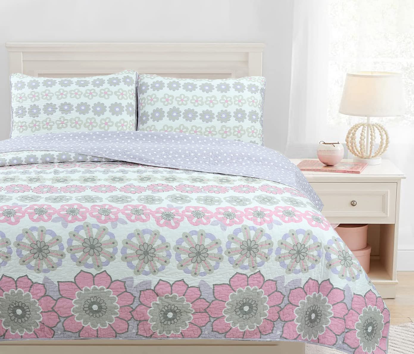 Cozy Line Home Fashions Whimsical Purple Lavender Pink Floral 100% Cotton Girls Reversible Quilt Bedding Set, Bedspread, Coverle