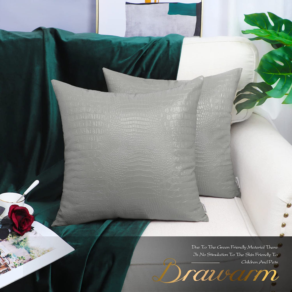 Brawarm Faux Leather Pillow Covers 20 X 20 Inches, Gray Leather Pillow Covers Pack Of 2, Crocodile Leather Decorative Throw Pill