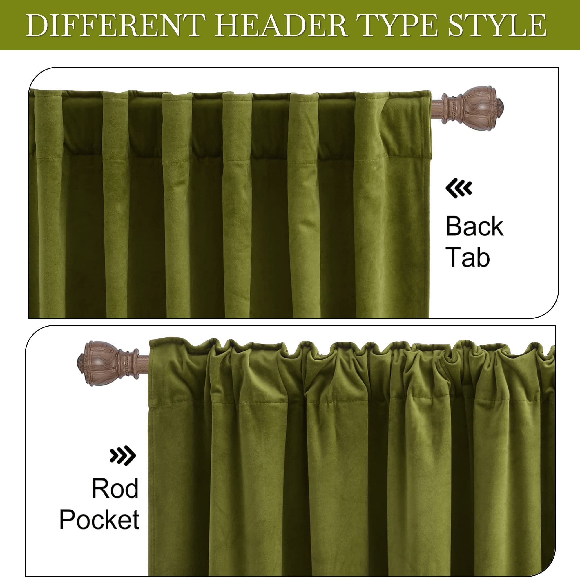 Ryb Home Green Velvet Curtains For Bedroom - Soft Farmhouse Window Decor Room Darkening Thermal Insulating Drapes For Living Room Dining Home Office, Width 62 X Length 96 Inch, Moss Green, 1 Pair