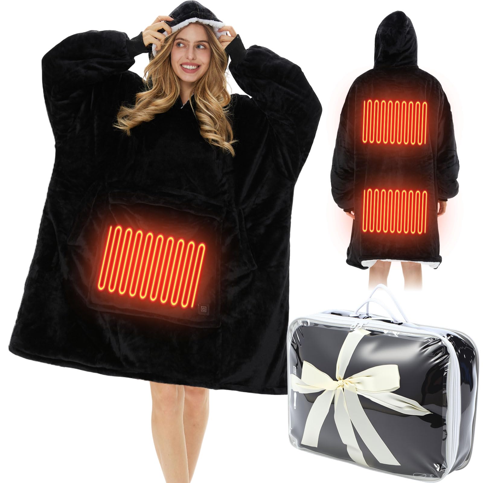 Glooglitter Heated Blanket Wearable Hoodie USB Oversized Heated Sweatshirt for Women with Giant Pocket 3 Heating Levels(Black,No