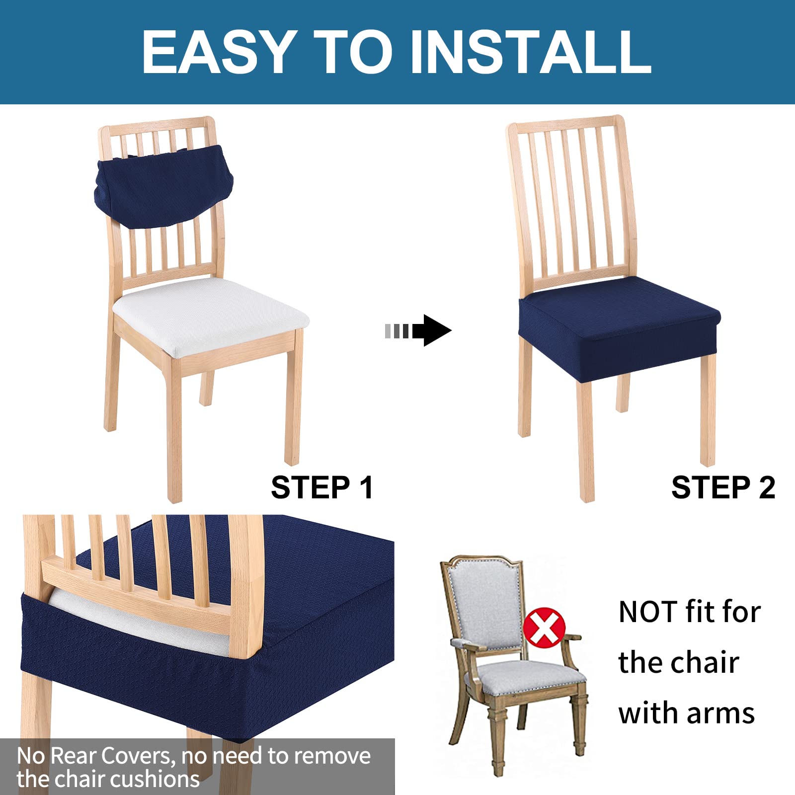 Smiry Waterproof Seat Covers For Dining Room Chairs Set Of 2, Stretch Jacquard Removable Washable Chair Seat Slipcovers Protector, No Rear Covers, Federal Blue