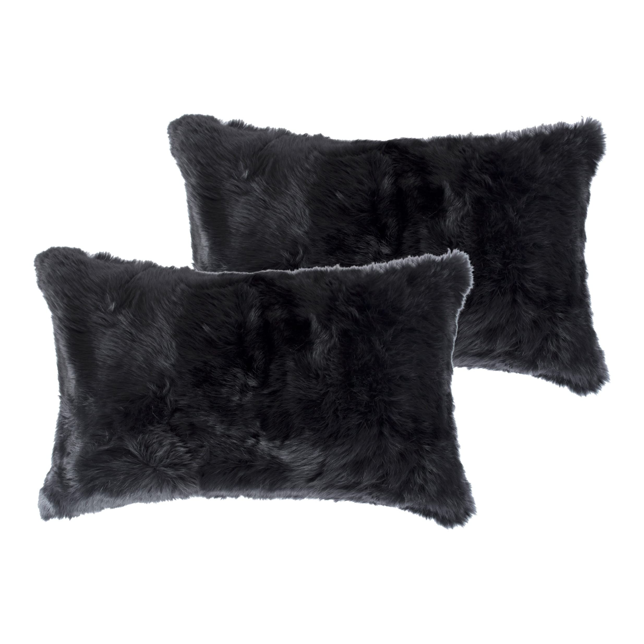 HomeRoots 100% Natural Rabbit Fur and Microsuede Set of Two 12' X 20' Black Rabbit Natural Fur Throw Pillows