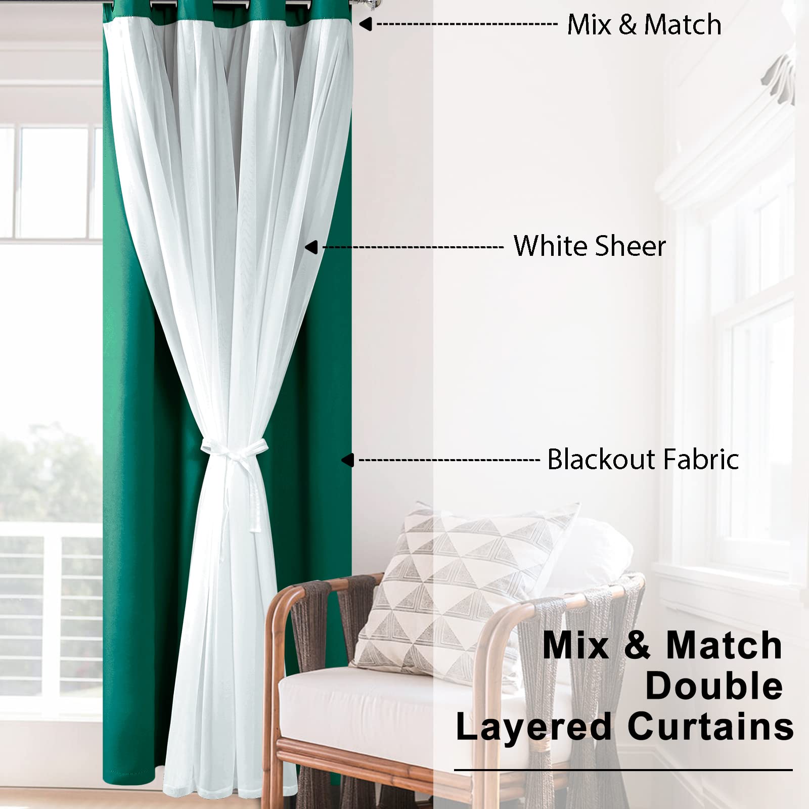 Hiasan Blackout Curtains With Sheer Overlay, Thermal Insulated Privacy Mix & Match Double Layer Window Curtains For Girls Bedroo