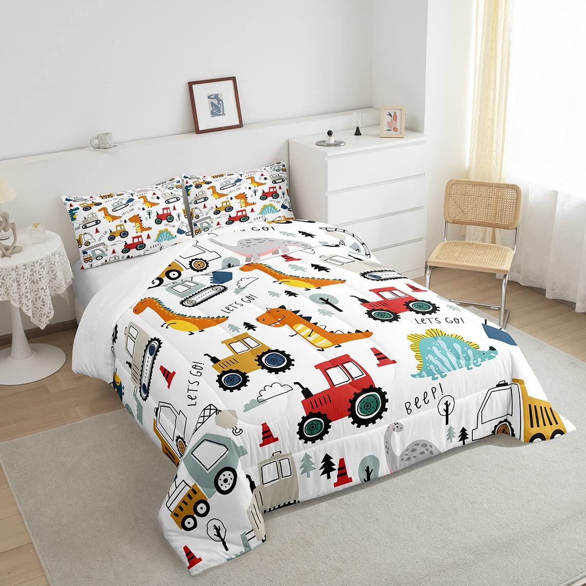 Feelyou Construction Comforter Set Kids Cartoon Dinosaur Comforter Cover Set For Boys Equipment Trucks Bedding Set Construction