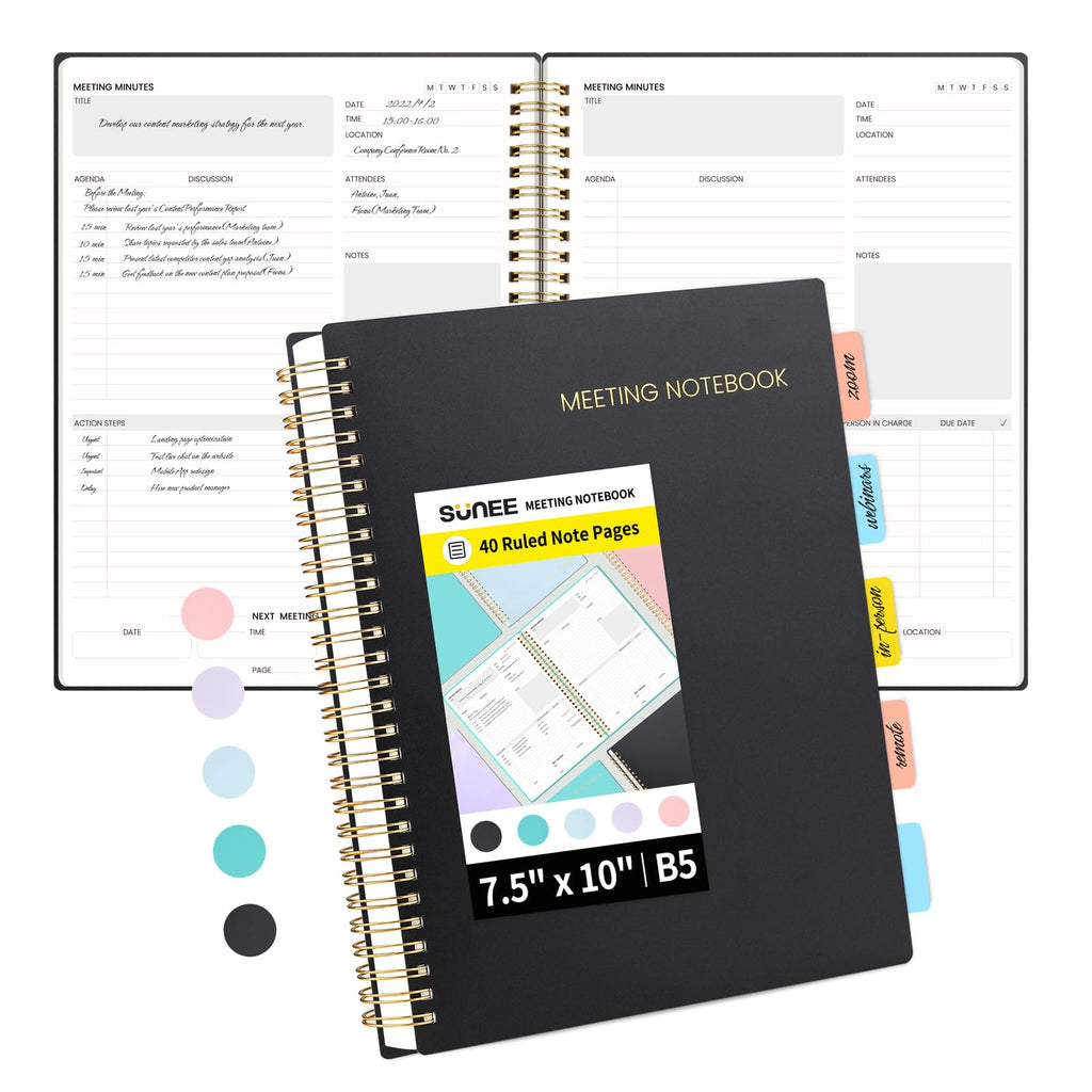 Sunee Meeting Notebook For Work With Sticky Tabs - 160 Pages, B5 Size Project Planner, Spiral Meeting Agenda/Minutes Notebook Or