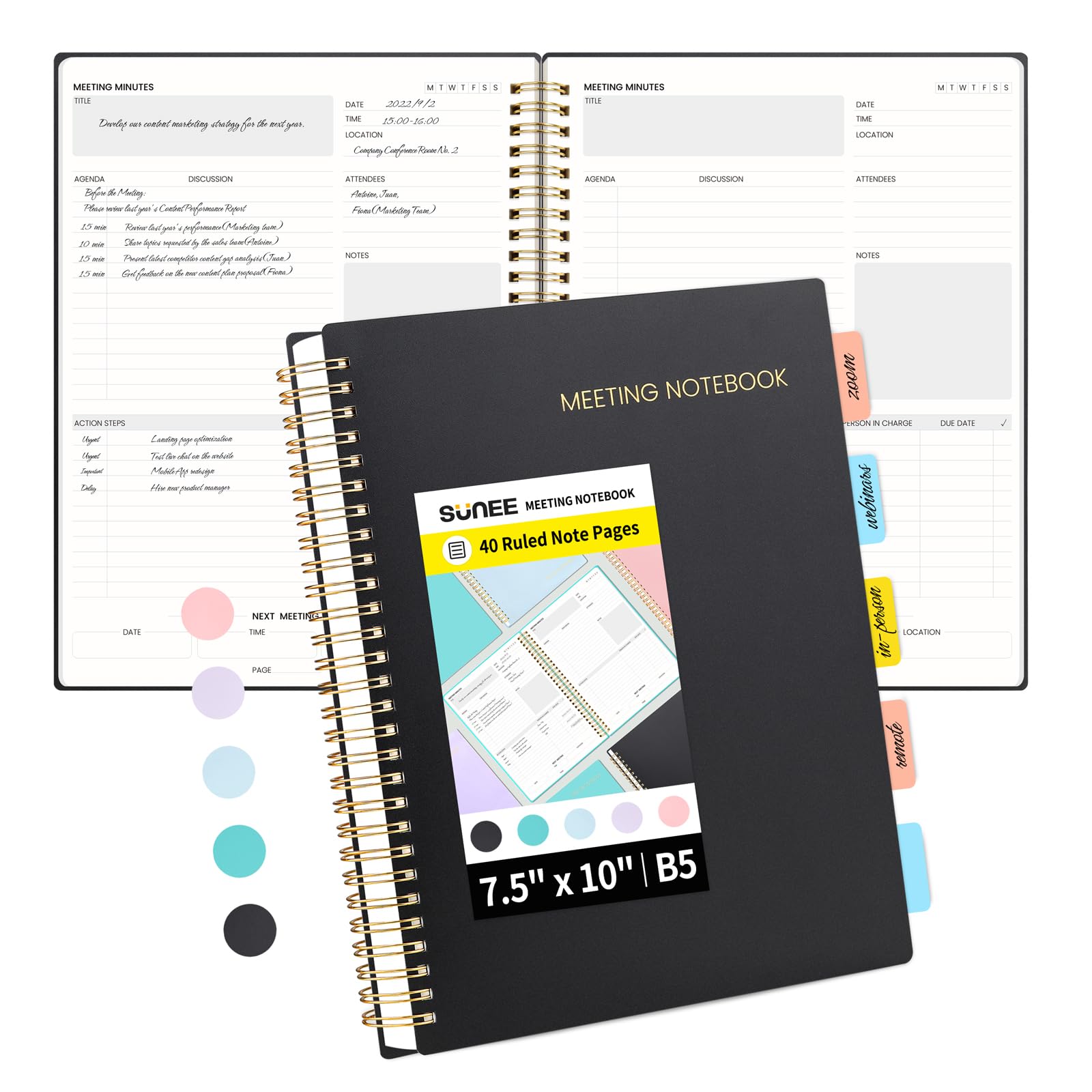 Sunee Meeting Notebook For Work With Sticky Tabs - 160 Pages, B5 Size Project Planner, Spiral Meeting Agenda/Minutes Notebook Or