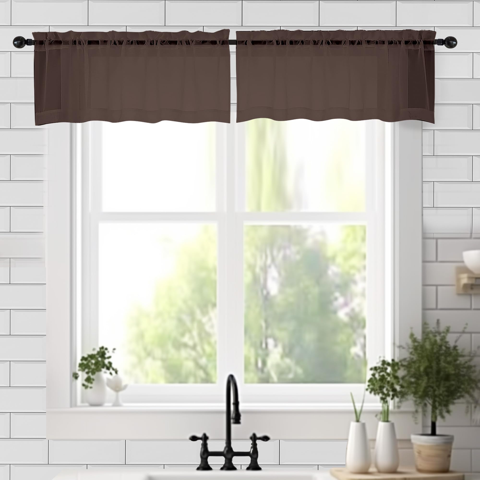 Chyhomenyc Sheer Valances for Windows 2 Pieces, 42Wx14L Inches Brown Small Window Valance for Living Room Bathroom Cafe Laundry 