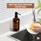 GMISUN Amber Glass Soap Dispenser, 17 Fl Oz, Rustproof Stainless Steel Pump, Kitchen & Bathroom Liquid Soap Bottle, Brown
