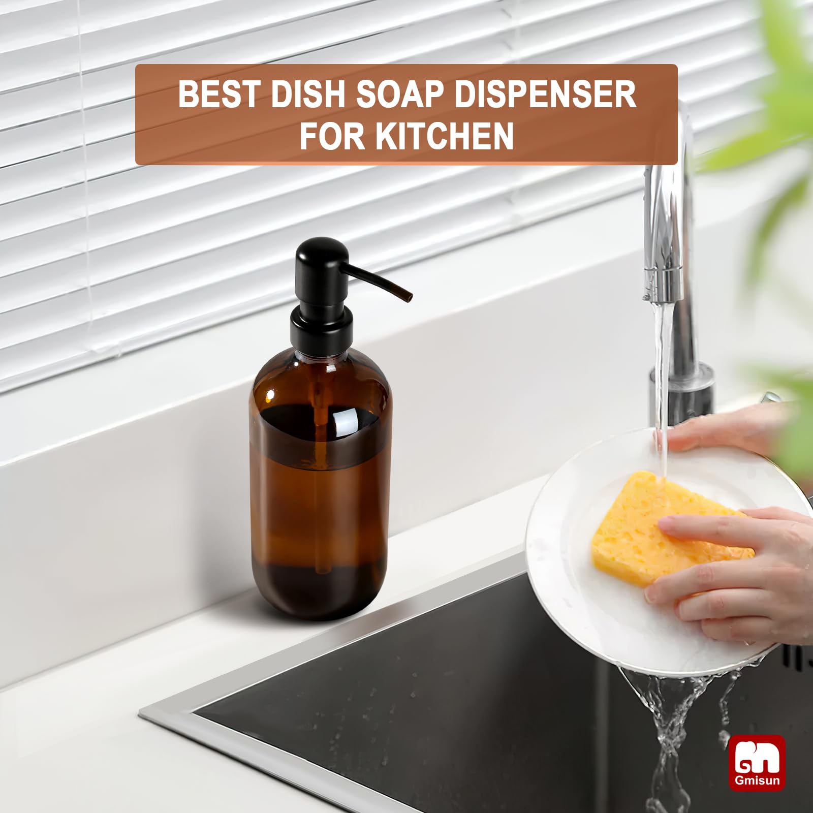 GMISUN Amber Glass Soap Dispenser, 17 Fl Oz, Rustproof Stainless Steel Pump, Kitchen & Bathroom Liquid Soap Bottle, Brown