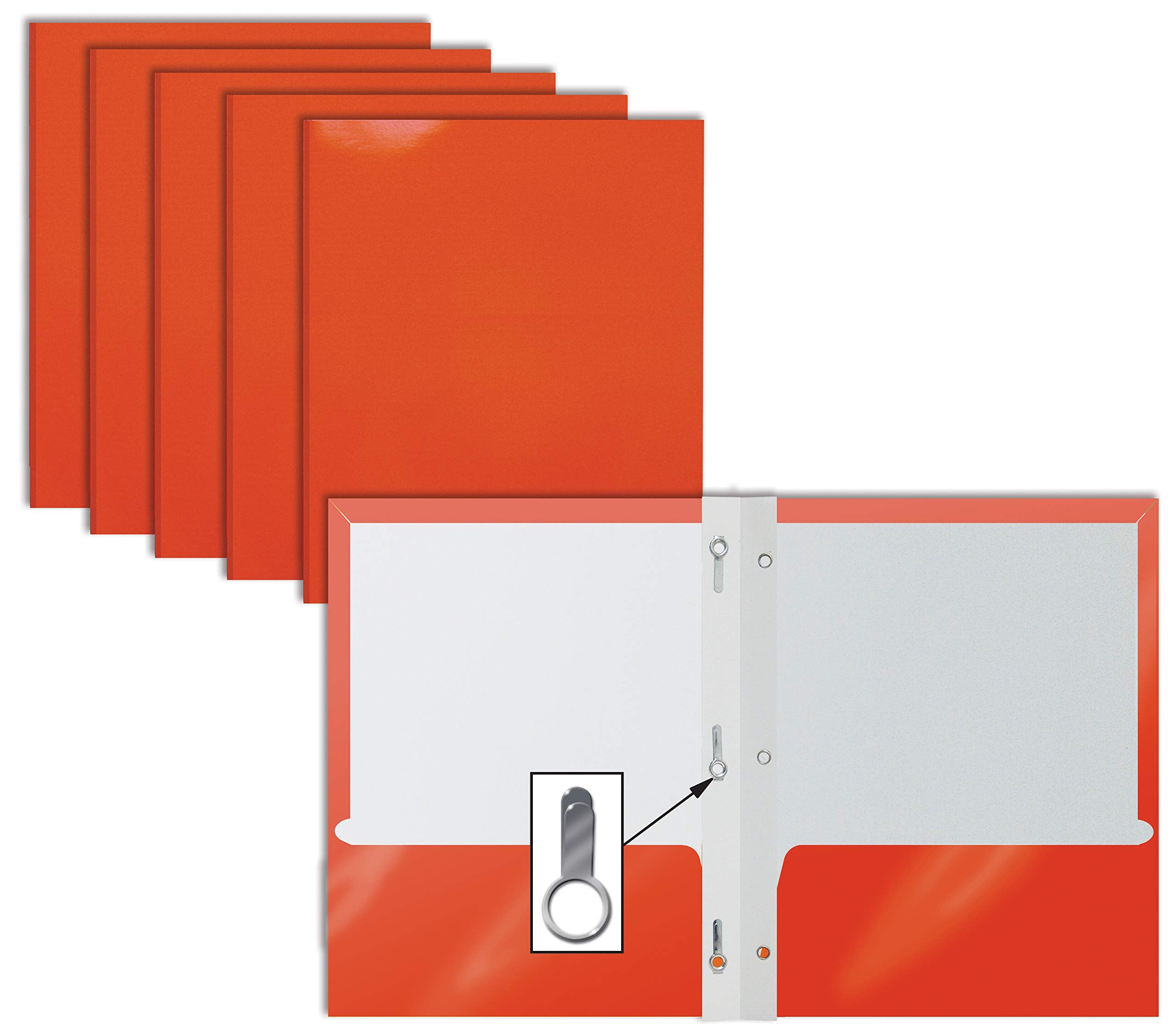 Better Office Products 2 Pocket Glossy Orange Paper Folders With Prongs, 25 Pack, Letter Size, High Gloss Orange Paper Portfolio