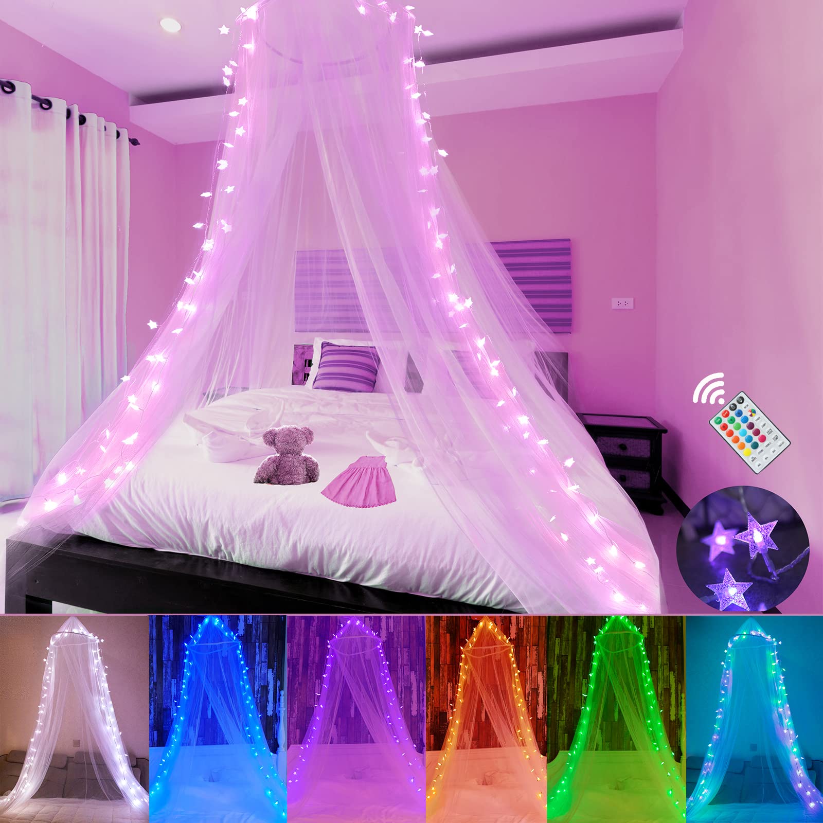 Obrecis Bed Canopy With Led Star Lights, Princess Canopy Bed Curtain With 18 Colors Changing String Lights Remote Timer For Girl