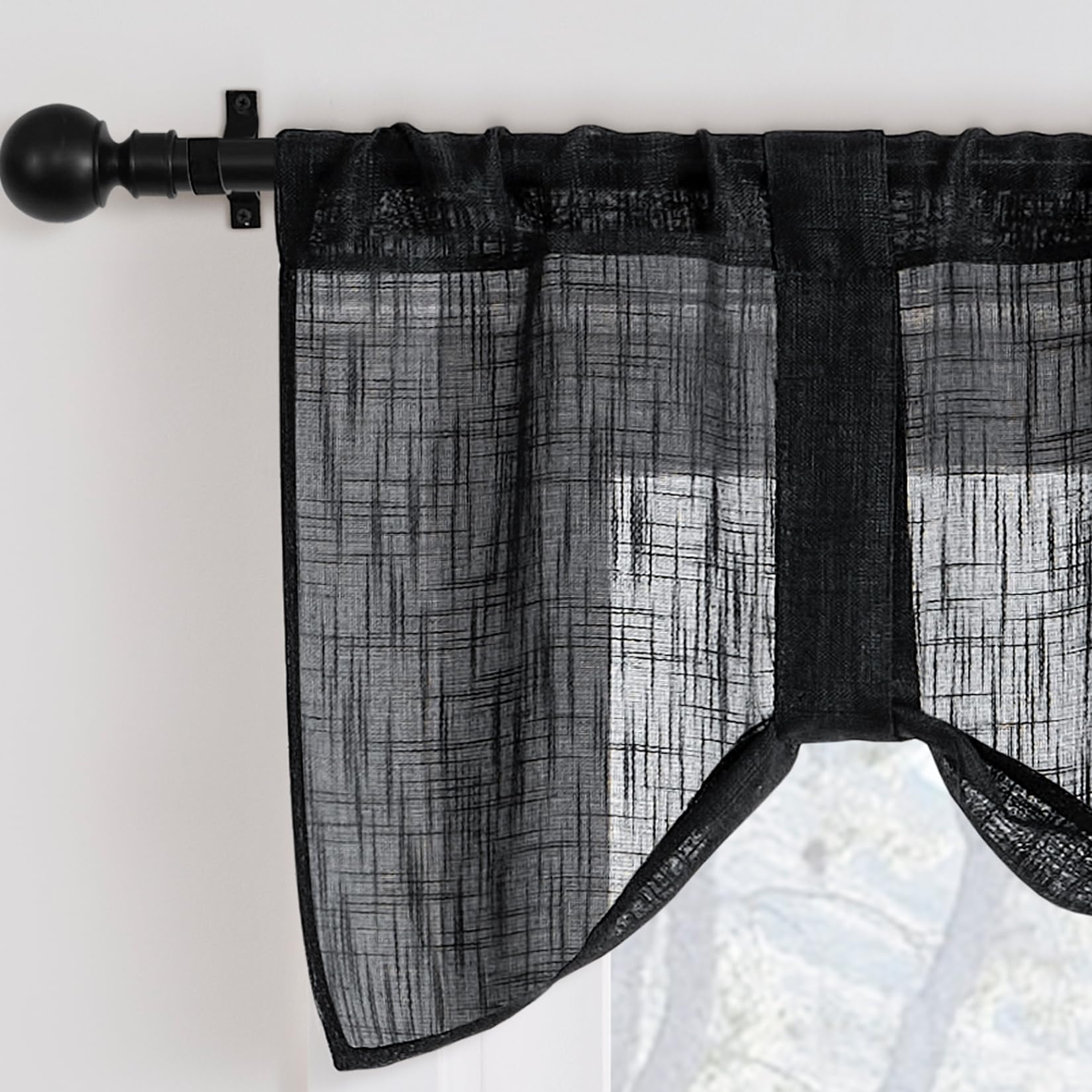 Home Queen Linen Look Tie Up Valance Curtain, Semi Sheer Balloon Valence for Home Decoration, Length Adjustable Drape for Living