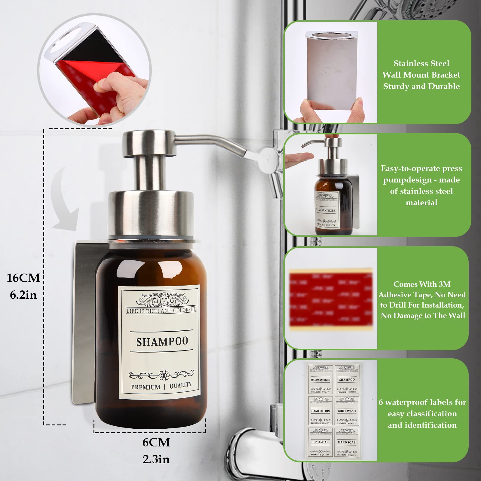 Nobtou Glass Soap Dispenser With Pump And Drill-Free Wall Mount Holder,8.5 Oz Shampoo And Conditioner Dispenser,Dish Soap Dispen