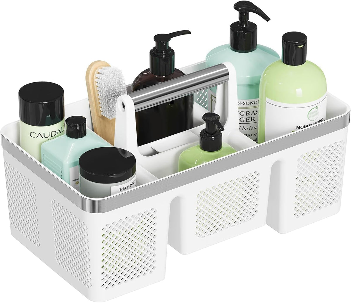 BYUNER Plastic Shower Caddy Dorm: Portable Shower Basket Tote with Handle, 4 Compartments, AllSide Drainage, Hard Bathroom & Cl