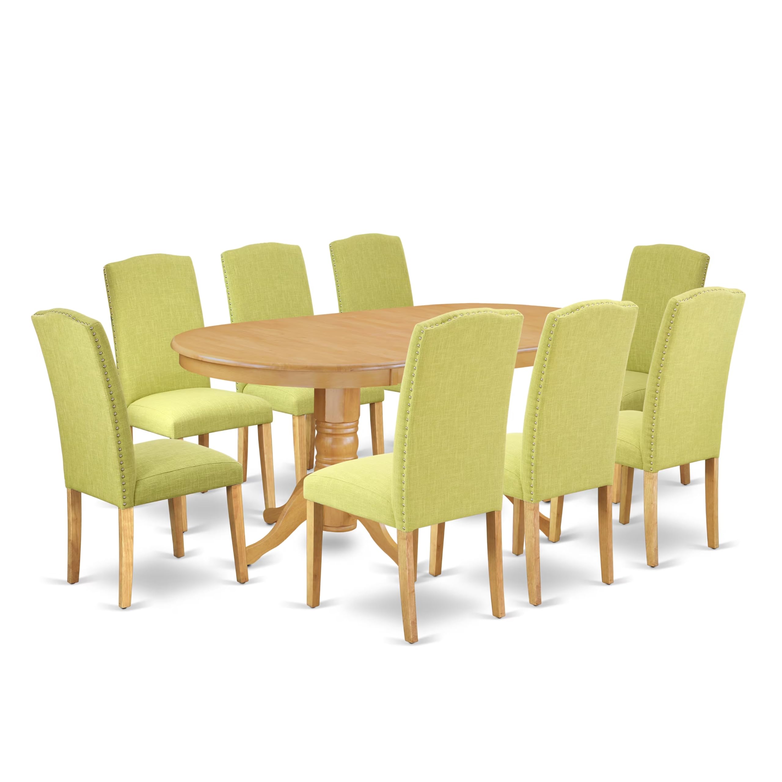 East West Furniture Vaen9-Oak-07 9 Piece Dining Room Table Set Includes An Oval Kitchen Table With Butterfly Leaf And 8 Limelight Linen Fabric Parson Dining Chairs, 40X76 Inch, Oak