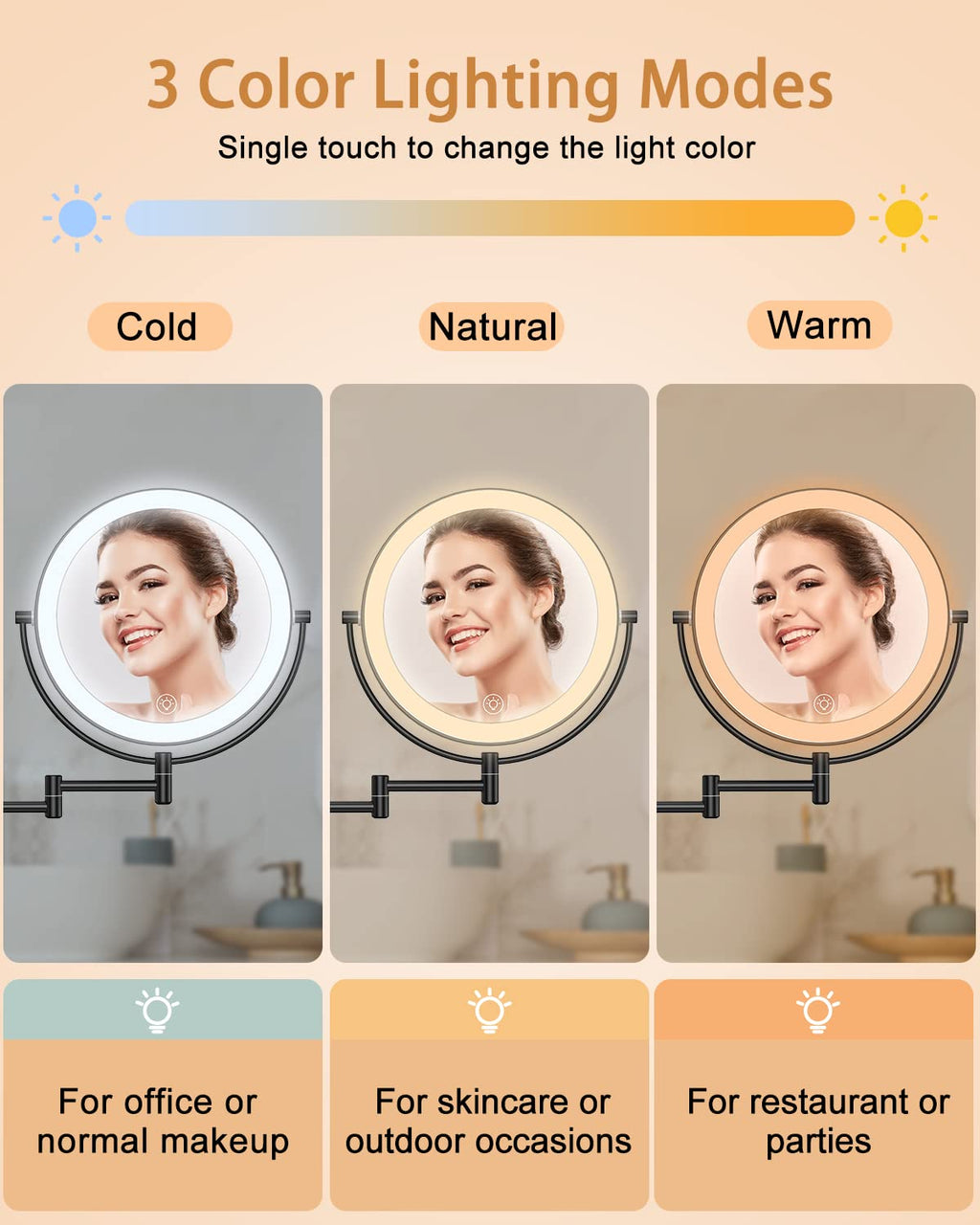Benbilry 9    Wall Mounted Lighted Makeup Vanity Mirror With 3 Color Dimming Lights, Large Size 1X/10X Magnifying Double Sided L