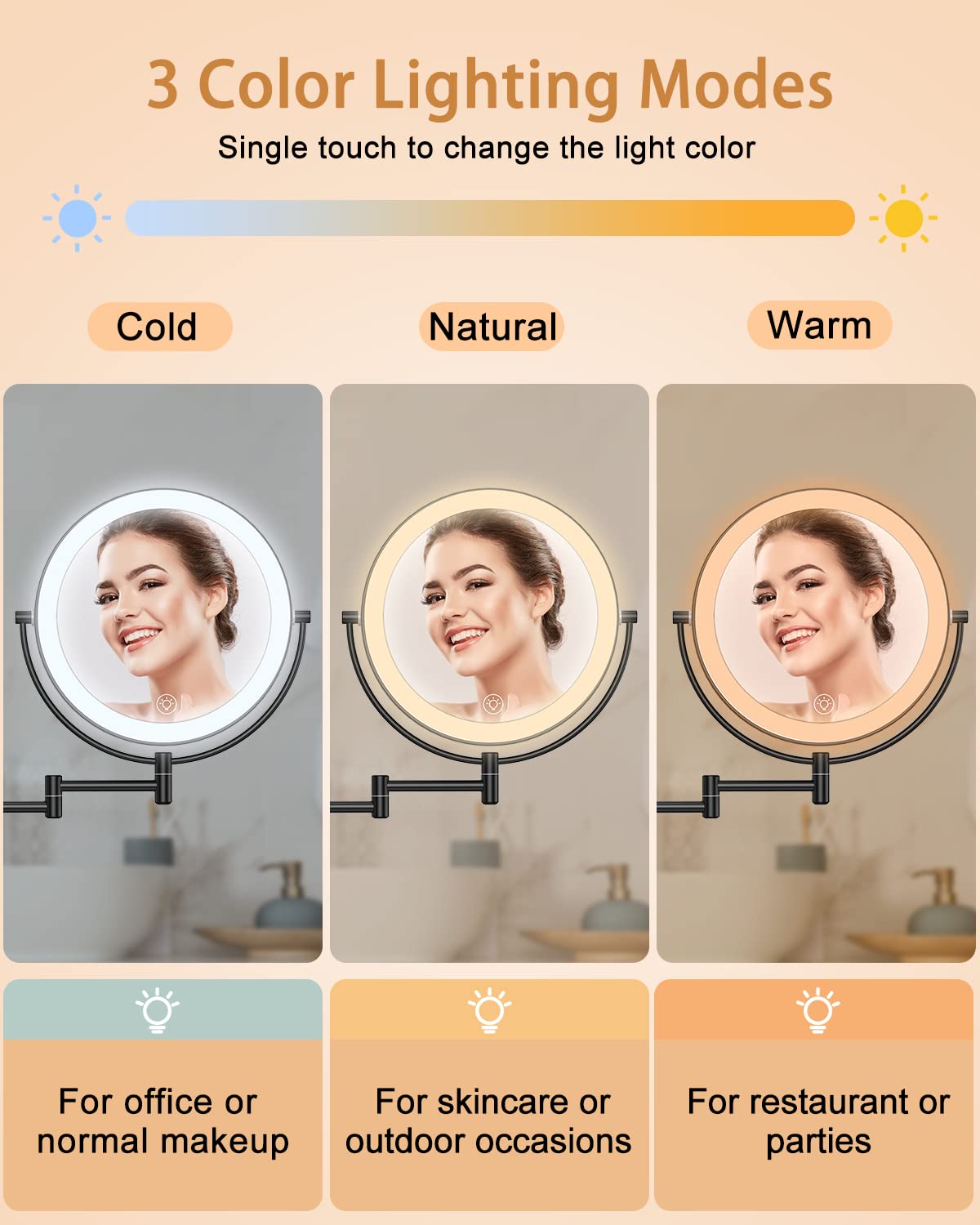Benbilry 9    Wall Mounted Lighted Makeup Vanity Mirror With 3 Color Dimming Lights, Large Size 1X/10X Magnifying Double Sided L