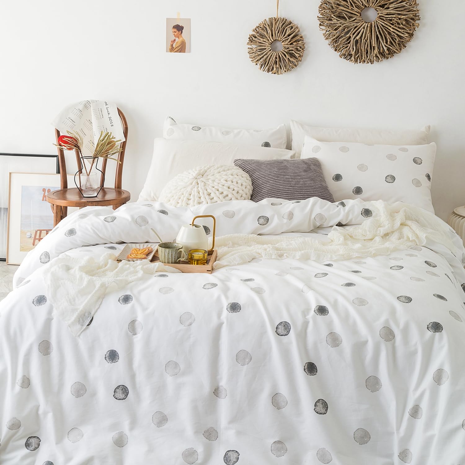 Yuheguoji Polka Dots Duvet Cover King 100% Cotton Neutral Grey Circle Patterned Duvet Cover 3 Pcs Set 1 Black White Geometric Du