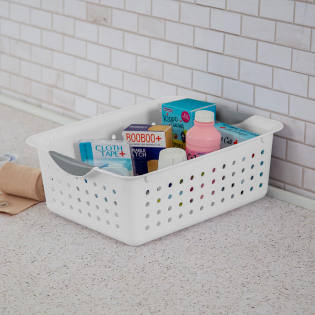 Sterilite Medium Ultra Basket, Storage Bin To Organize Closets, Cabinets, Pantry, Shelving And Countertop Space, White, 24-Pack