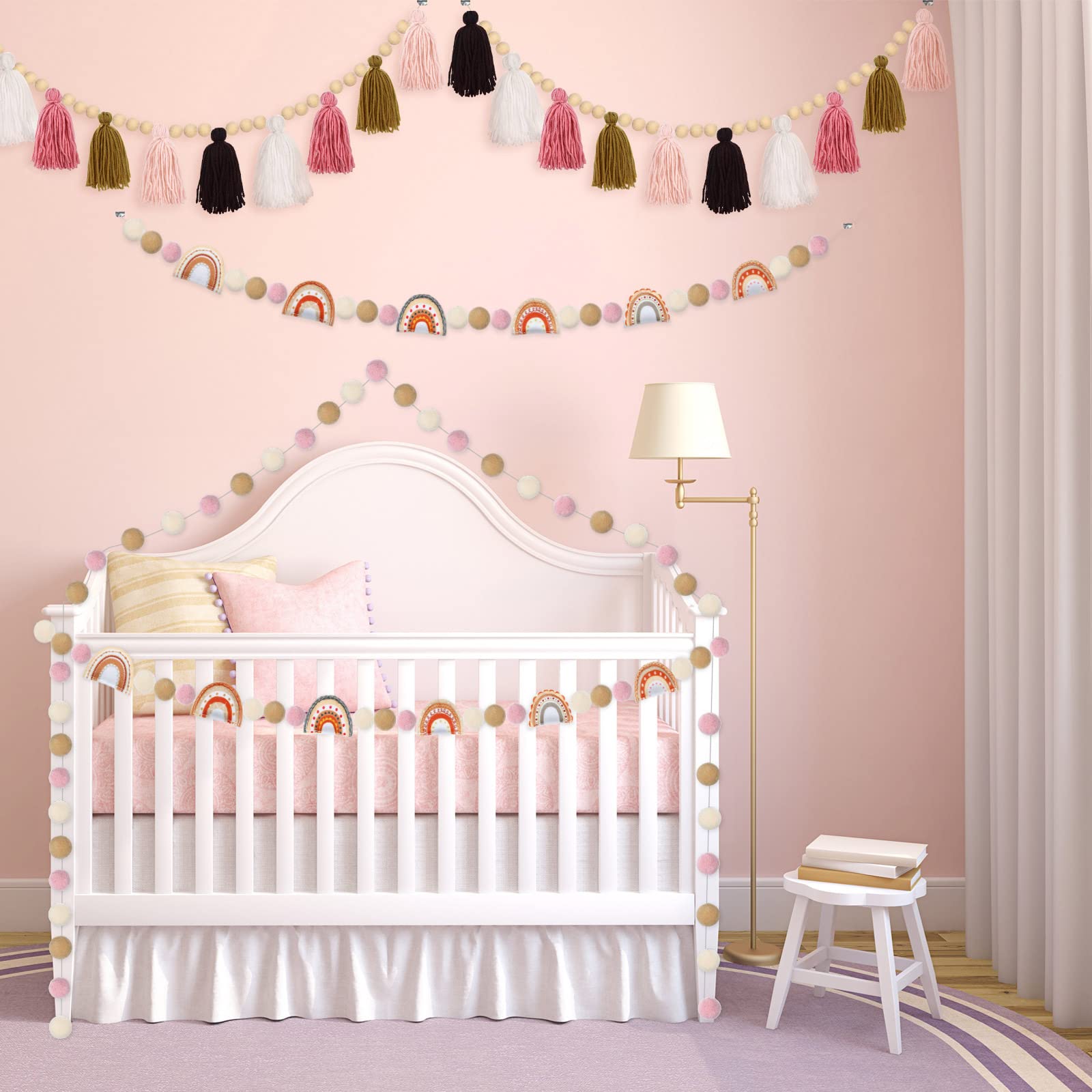 4 Pieces Boho Tassel Garland Rainbow Pom Pom Garland Wall Hanging Decor Pastel Tassel Boho Classroom Decor Felt Colorful Balls G