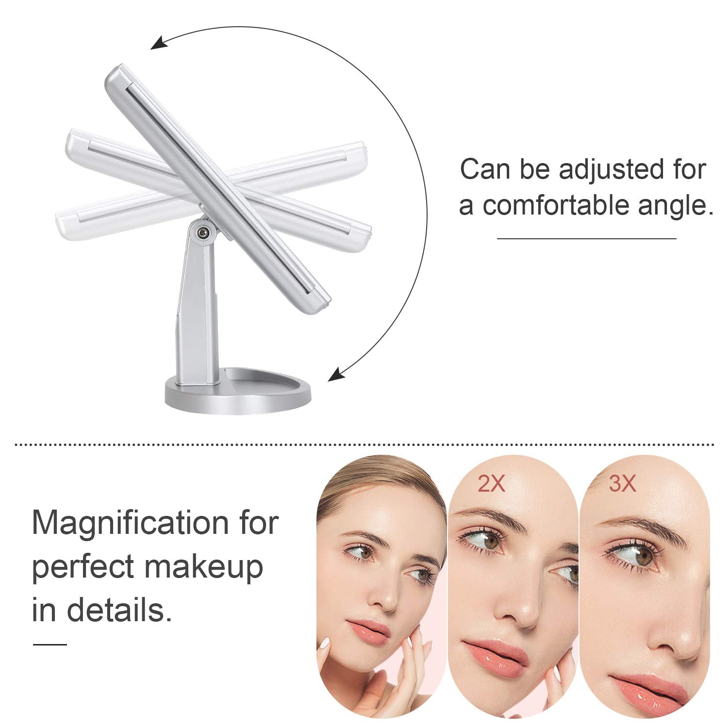 Deweisn Tri-Fold Lighted Vanity Tabletop Mount Mirror With 21 Led Lights, Touch Screen And 3X/2X/1X Magnification, Two Power Sup