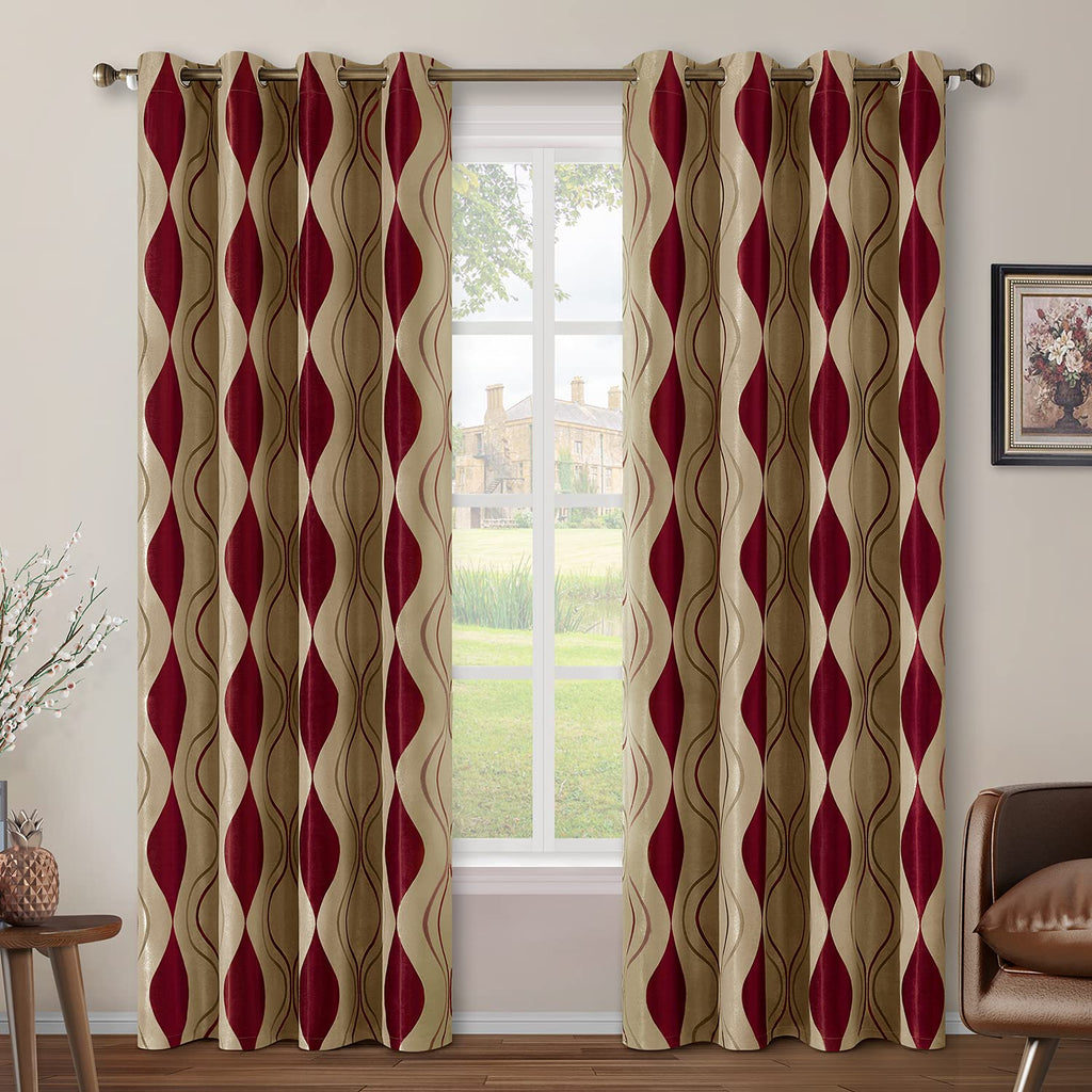 Homeideas Burgundy And Beige Wave Room Darkening Curtains 52 X 84 Inch Long Jacquard Grommet Window Curtains Drapes For Living R