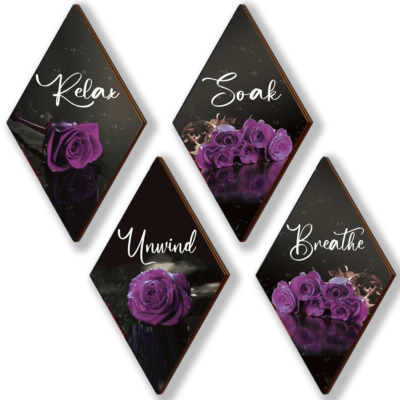 ONIZHITY Set of 4 Purple Bathroom Decor Rose Wooden Wall Decor Flower Rustic Romantic Floral Farmhouse Wall Decor Breathe Soak U