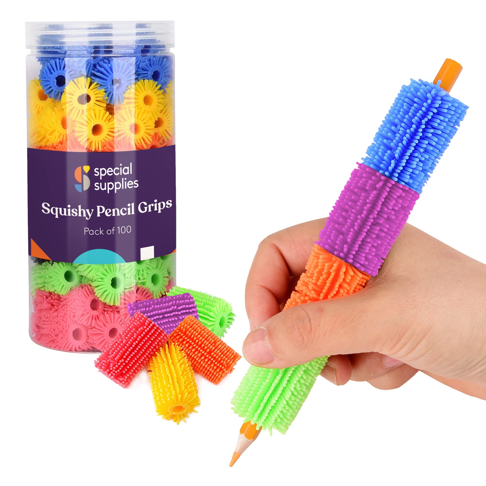 Special Supplies 100 Squishy Pencil Grips For Kids And Adults - Colorful, Cushioned Holders For Handwriting, Drawing, Coloring -