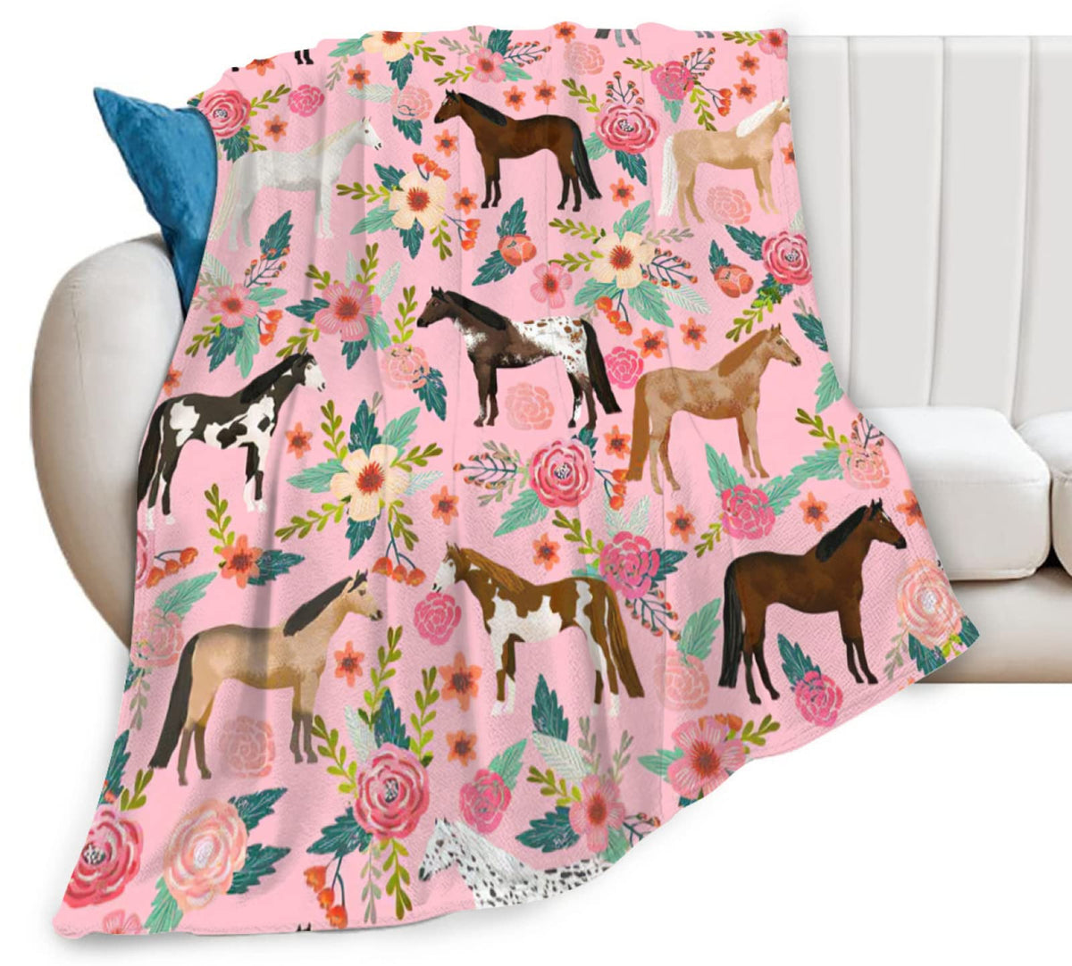 Horse Blanket Gifts For Girls Women Cute Horses Flowers Flannel Fleece Throw Blanket Soft Warm Fuzzy Pink Blanket For Horse Love