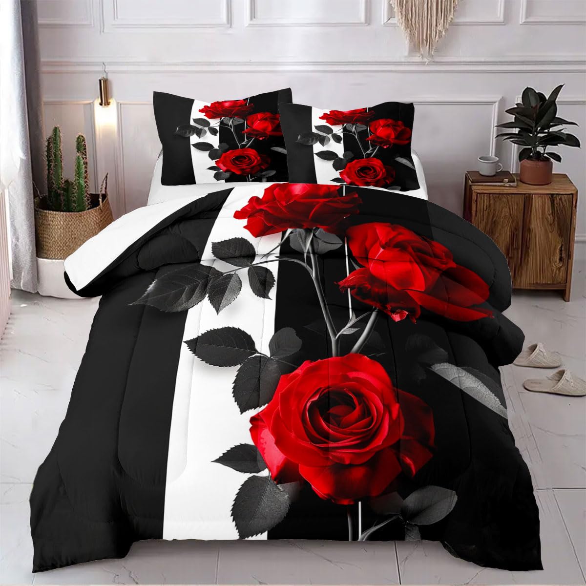 Ccoutuechen Romantic Rose Comforter Set Queen Size Red Botanical Floral Bedding Set Black White Striped Bedding For Women Men 3