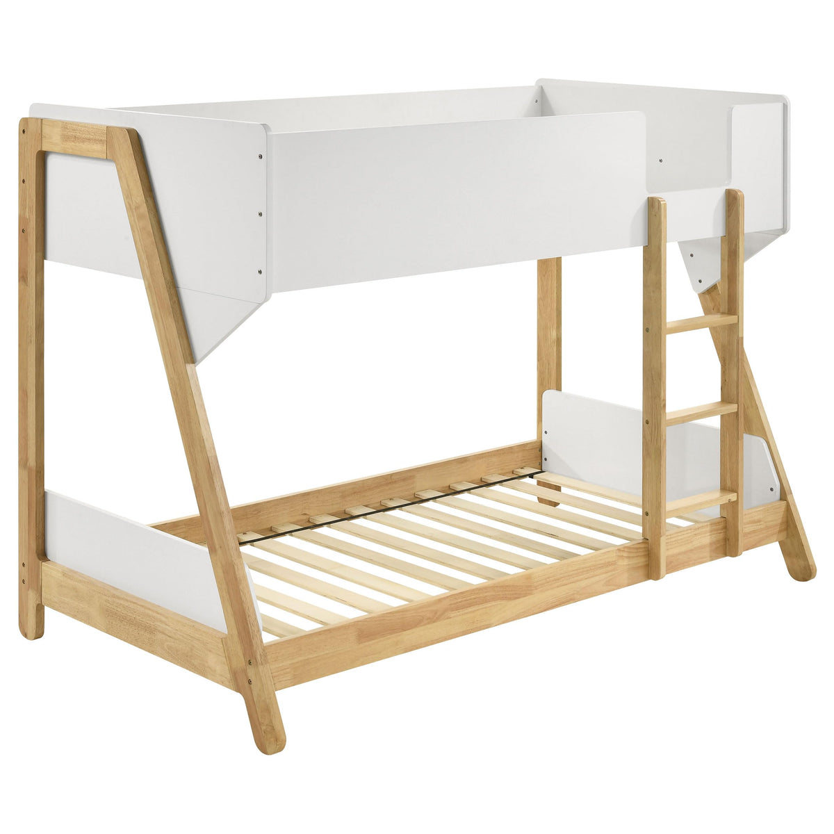 Coaster Home Furnishings Wyatt Coastal Wood Twin Over Twin Size Bunk Bed Frame with Ladder and Guardrails Fully Slatted Mattress Ready Foundation White and Natural 460510