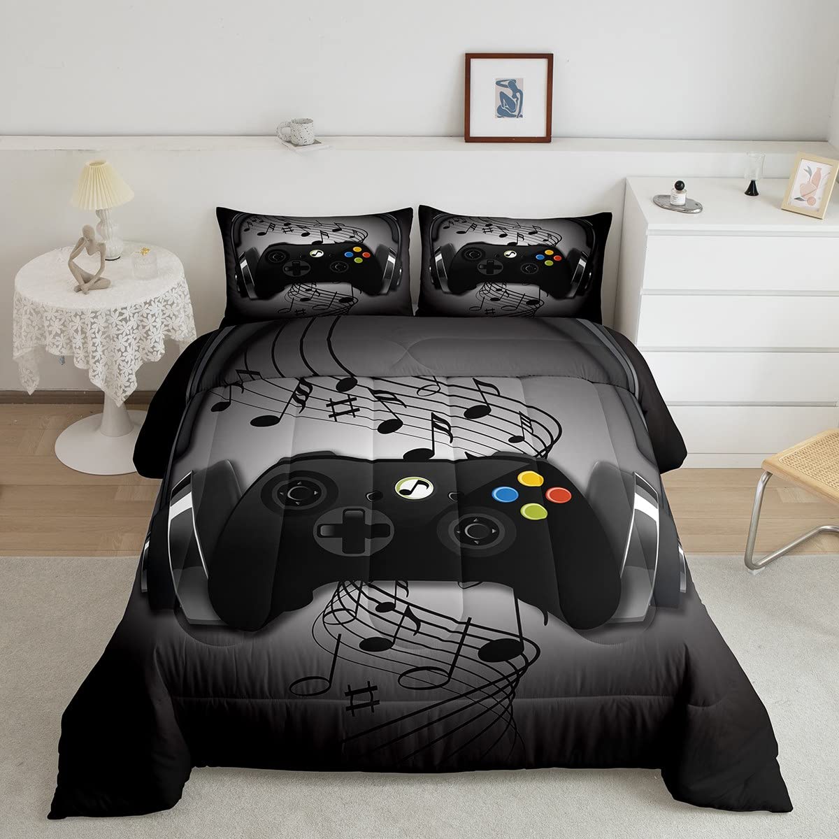 Gamer Comforter Set Full Size,Black Grey Headphones Musical Design Games Gamepad Bedding Set for Kids Boys Video Game Room Decor