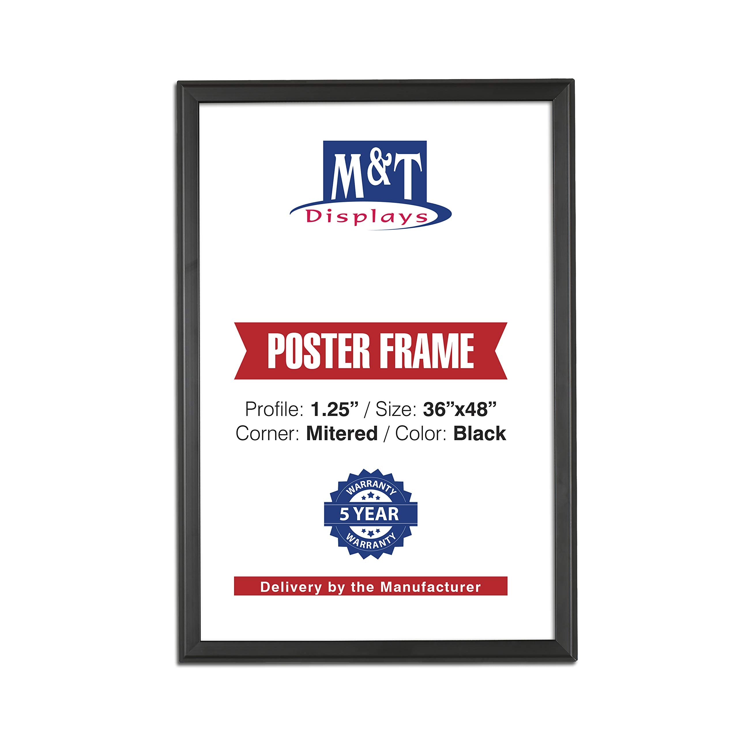 M&T Displays Snap Poster Frame 36X48 Inch Black 1.25' Aluminum Profile Front Loading Wall Mounting Photo Picture Document Certi