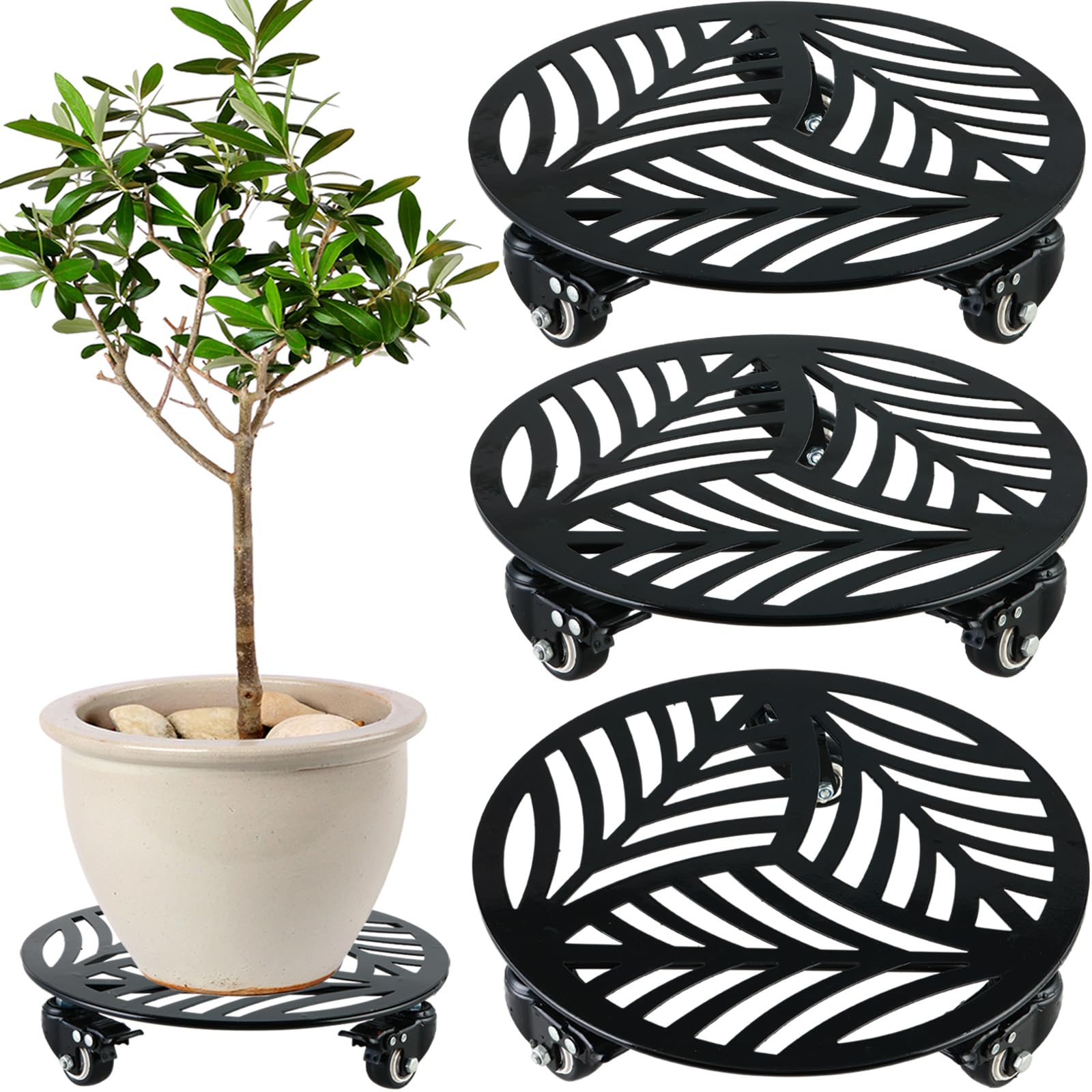 3 Packs Large Metal Plant Caddy With Wheels 13    Heavy-Duty Wrought Iron Rolling Plant Stands With Casters Indoor Outdoor Plant