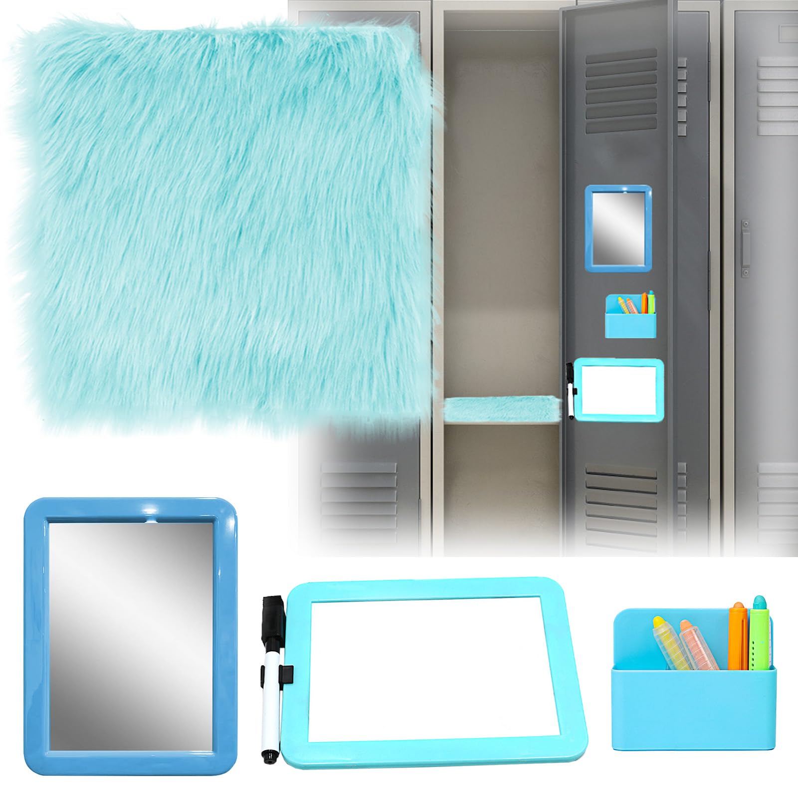 S-Snail-Oo Locker Accessories Kit, Magnetic Locker 5×7' Mirror Whiteboard With Marker&12' Mini Rug, Blue Locker Organizer Kit For Girls School Office Gym Accessories Coat Lockers